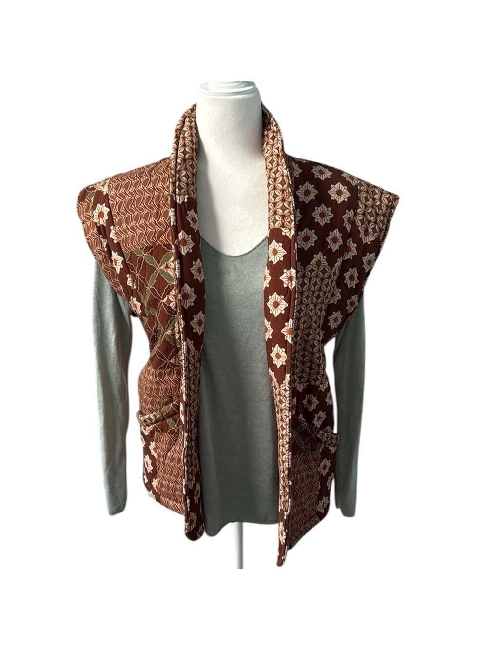 Senes Quilted Fashion Vest Brown Green Floral Pattern One Size Fits Most